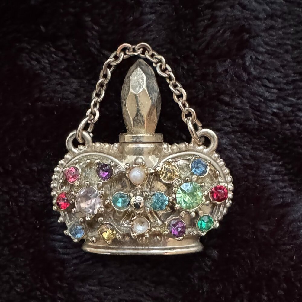 Vtg Mini Crown Rhinestone Perfume Bottle Charm with Dauber, Chain